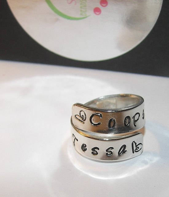 Sterling silver wrap ring with kids names,  personalized hand stamped mom ring,  Customized ring gift for mom