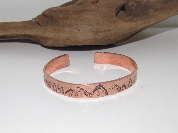 Mountain bracelet with trees, adjustable copper cuff, stamped jewelry, stamped copper bracelet,